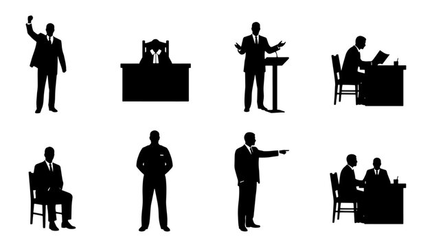 Collection of black silhouettes featuring business professionals in meetings, presentations, office work, and corporate communication. Perfect for business, office, leadership, presentations, websites