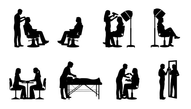 Collection of black silhouettes featuring hair salon, beauty treatments, massage, spa, consultation, and wellness services. Perfect for beauty salons, barbershops, healthcare, cosmetics, and self-care