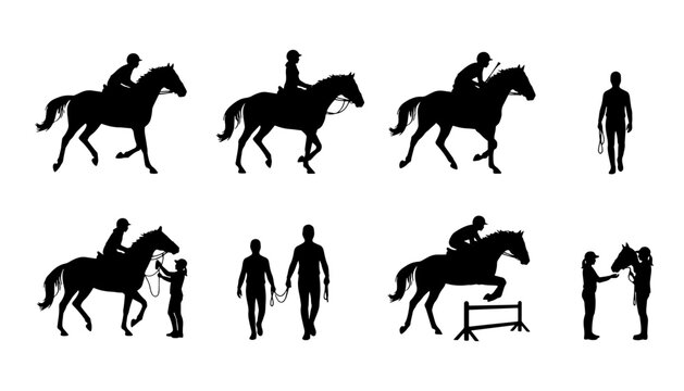 Collection of black silhouettes featuring horse riders, equestrian training, horseback riding, jumping, grooming, and people interacting with horses. Perfect for equestrian sports, ranch, stable