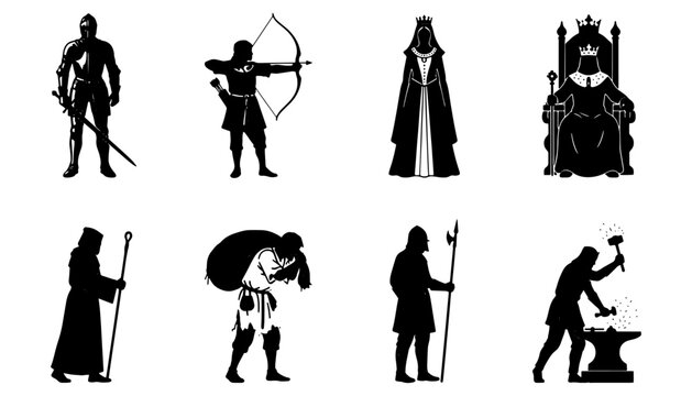 Collection of black silhouettes featuring medieval characters including knights, archers, kings, queens, blacksmiths, guards, and fantasy warriors. Perfect for history, fantasy, games, storytelling