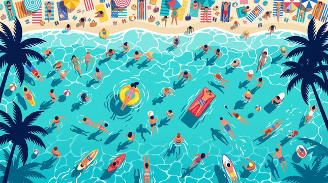 Overhead view of a vibrant tropical beach with people swimming in turquoise water, sunbathing on towels, and palm trees framing the scene in a flat vector illustration style for summer.