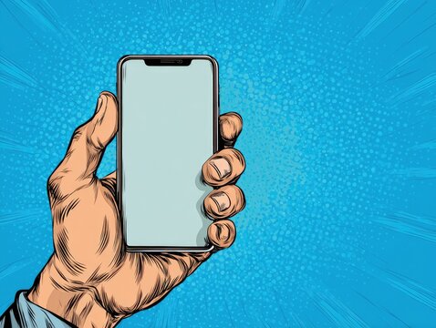 Hand Holding a Blank Screen Smartphone in Comic Style