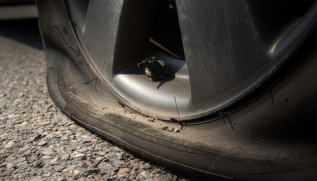 Close-up of tire rim touching ground due to lack of air.