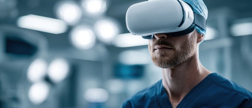 Man wearing VR headset engages in advanced surgical simulation, enhancing precision medicine and innovative training.