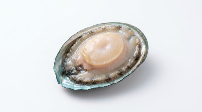 A fresh, open abalone shell reveals the soft, edible mollusk inside, showcasing its smooth texture and iridescent shell edges.