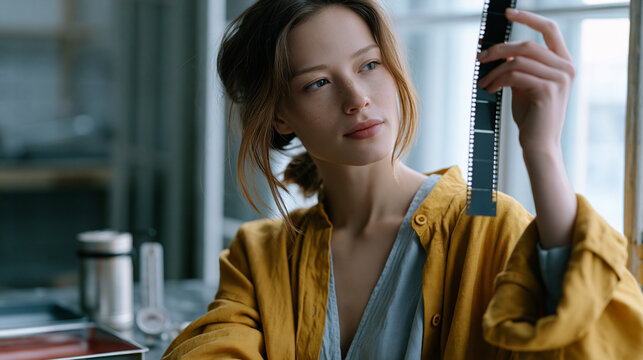 A young woman holds a strip of exposed film negative up to a window light, peering at the frames with careful eyes, a film development canister and a darkroom thermometer on the