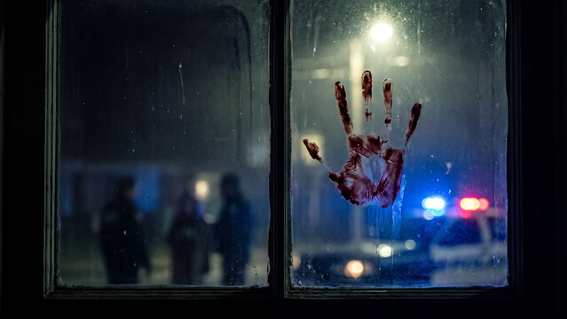 Bloody handprint smeared on window glass with emergency lights outside at night for crime investigation thriller and true crime storytelling visuals
