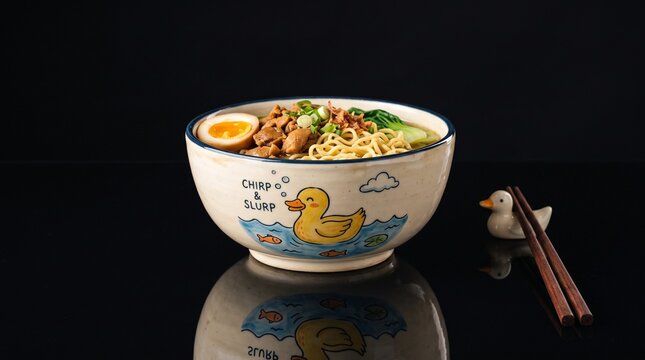 Delicious Asian Noodle Soup with Chicken, Boiled Egg, and Vegetables in Cute Duck Ceramic Bowl 