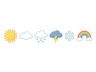 Obraz premium A collection of six colorful weather icons including sun cloud rain storm snow and rainbow.