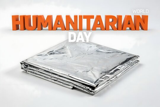 World humanitarian day emergency thermal blanket relief concept with first aid