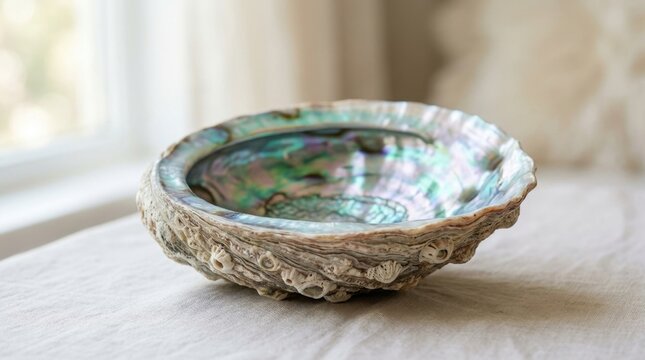 A decorative abalone shell bowl with iridescent interior and textured exterior sits on a white cloth near a softly lit window.
