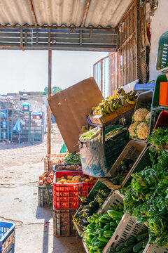 Morocco local market selling fresh fruits and vegetables