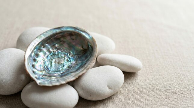 A shiny abalone shell rests on smooth white stones against a textured beige fabric background.