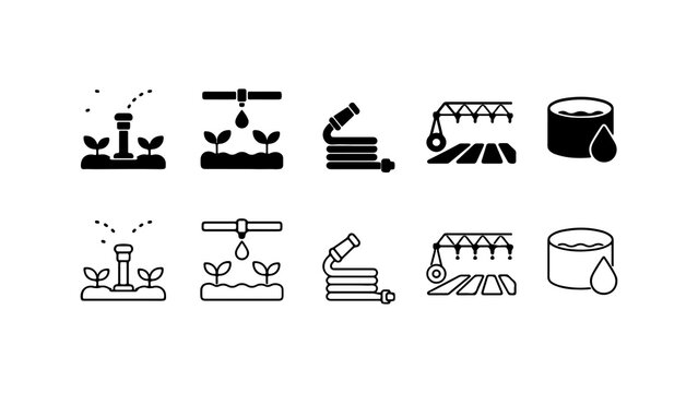 Irrigation and Watering System Icons in Silhouette and Outline Style Vector