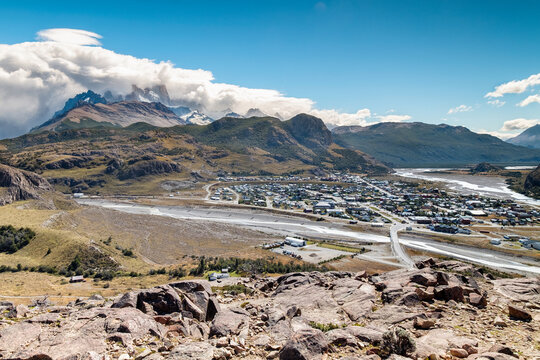 Panoramic Mountain Town Vista in Patagonia, South America Landscape