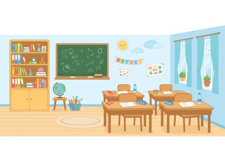 Fototapeta premium Empty school classroom vector illustration with desks and blackboard.