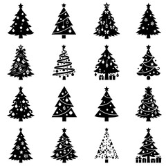 Obraz premium Set of black Christmas tree silhouettes with decorations