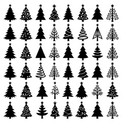 Obraz premium Set of black Christmas tree vector icons and silhouettes