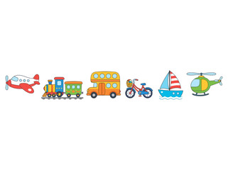 Naklejka premium A colorful collection of various cartoon vehicles arranged in a horizontal row.