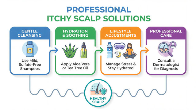 Stepwise itchy scalp relief plan moving from mild cleansing and soothing botanicals to lifestyle changes and dermatologist diagnosis for lasting comfort