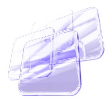 Purple glass square plate 3D shapes with overlay effect on light blue background. Y2k aesthetic graphic elements, abstract transparent block lenses with holographic gradient render