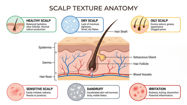 Scalp texture anatomy cross section comparing healthy dry oily sensitive dandruff and irritated conditions with skin layers for dermatology and trichology study