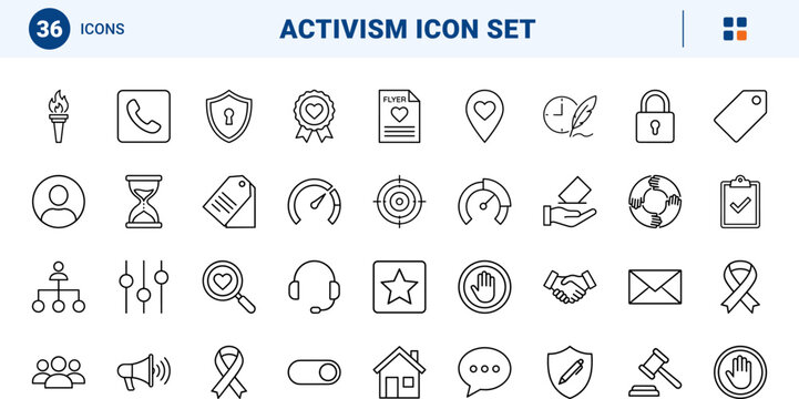 Petition site line icon set. Vector pictograms of activism, social, movement, and digital elements, thin linear illustration.