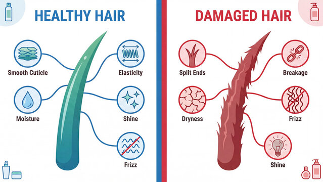 Healthy versus damaged hair strand comparison showing cuticle condition moisture elasticity shine split ends and breakage for haircare product education