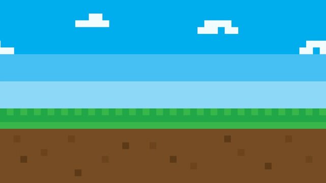 Pixel Art Landscape Background Animation with Scrolling Clouds for Retro Video Games.