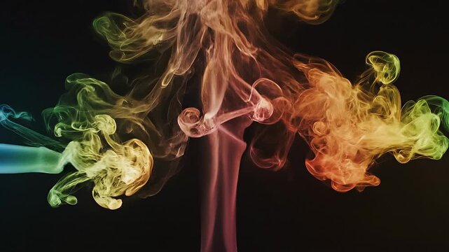 Colorful visual effect abstract rainbow gas smoke waves concept. Colorful abstract smoke patterns in green pink and orange on black background for creative design