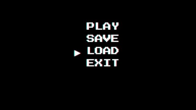Retro Video Game Main Menu Screen With Play Save Load Exit Options.
