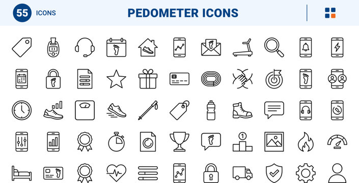 Step counter app line icon set. Vector pictograms of pedometer, walking, tracker, and fitness elements, thin linear illustration.