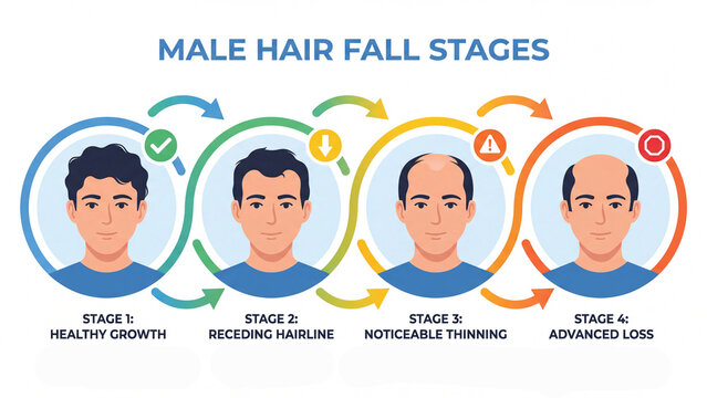 Male hair fall progression from healthy growth to advanced loss with warning indicators for early detection and timely treatment in hair health education