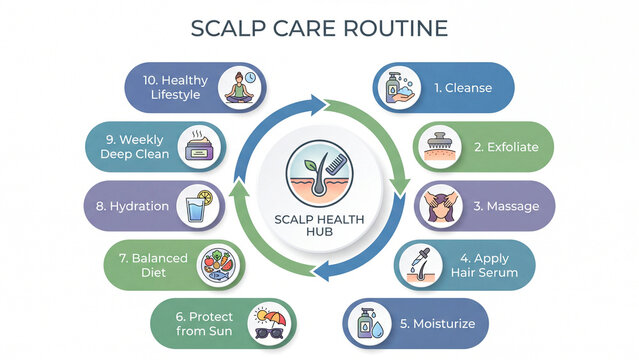 Complete scalp care routine steps from cleansing and exfoliation to massage moisturizing and lifestyle habits for healthy hair growth in wellness education