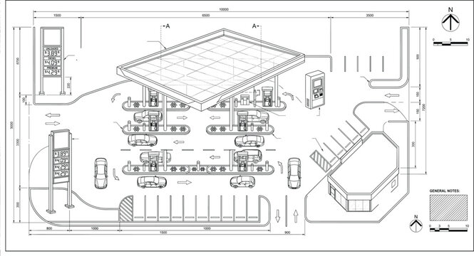 Gas Station Master Plan CAD Illustration with Fuel Pumps Parking and Site Layout