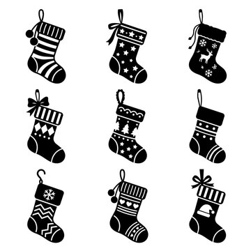 Set of Black and White Christmas Stocking Icons