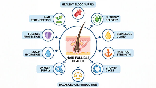 Hair follicle health factors including blood supply nutrient delivery oxygen hydration and balanced oil production for strong roots in trichology education
