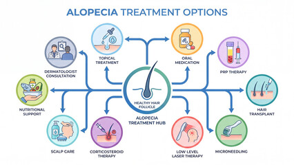 Fototapeta premium Alopecia treatment options overview covering topical oral clinical and surgical approaches with nutrition and scalp care support in dermatology education
