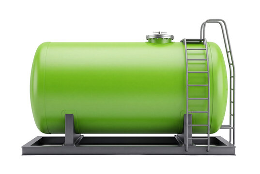 Industrial green horizontal storage tank with ladder with bright green on transparent background