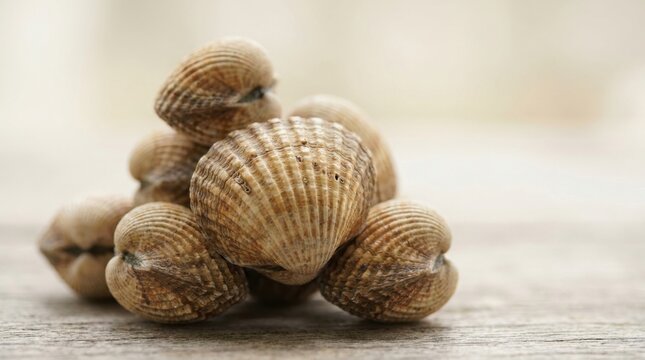 A close-up of a group of fresh clams arranged on a wooden surface with a neutral background.