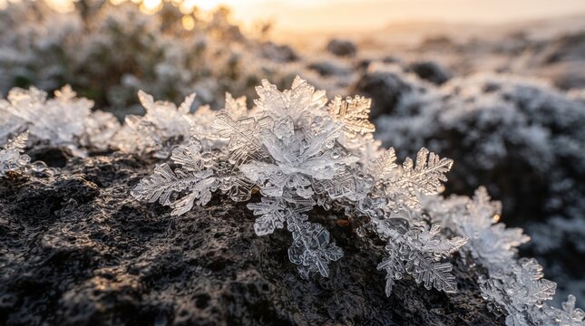 Close-up of delicate ice crystals resting on a dark textured rock, illuminated by soft natural sunlight that reveals intricate geometric patterns and sparkling frozen details.