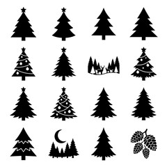 Obraz premium Black Christmas Tree Vector Icons and Forest Silhouette Set