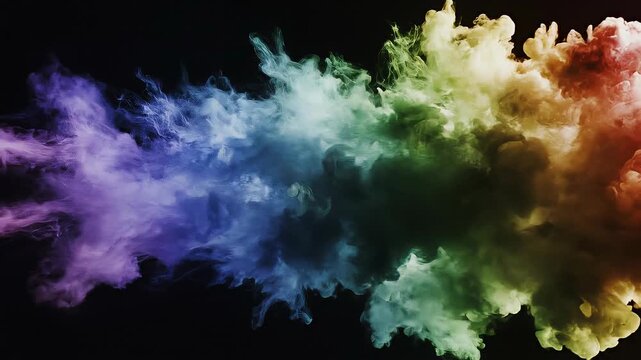 Colorful smoke explosion with vibrant blue green yellow and red clouds on black background