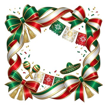 Vibrant Mexican fiesta frame with elegant metallic ribbons, traditional maracas, and festive papel picado, perfect for cultural celebrations and patriotic events