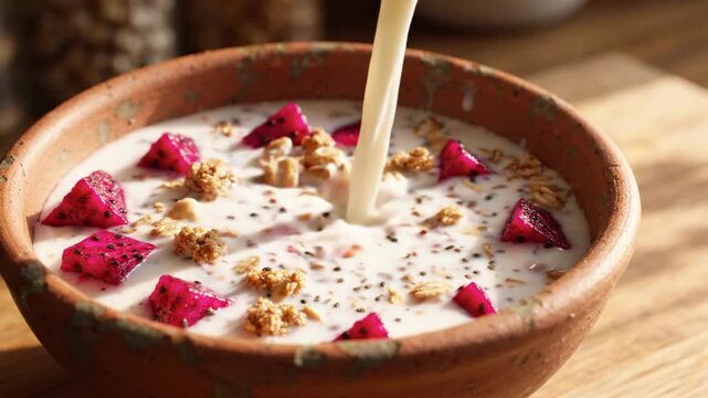 Pouring milk into a healthy breakfast bowl with granola, dragon fruit, and chia seeds.