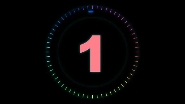 Neon Countdown Timer Animation with Numbers and Colorful Circular Progress Ring.