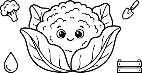 Obraz premium Cute Cartoon Cauliflower Coloring Page Vector Illustration with Broccoli Trowel Trowel Crate and Water Drop