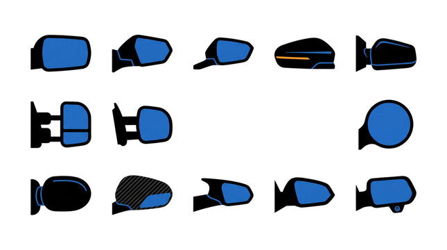 Black and Blue Car Side Mirror PNG Set, Modern Automotive Rear View Mirror Collection, Vehicle Exterior Accessory Icons, Isolated Transparent Transportation Illustration