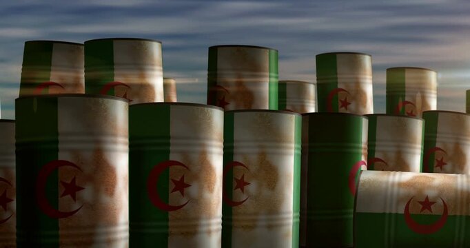Algeria oil business and fuel extraction barrels in row concept. Algerian petrol industrial metal containers.