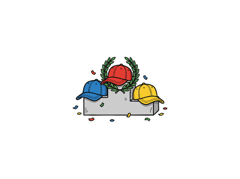 Celebratory Podium With A Champion Red Cap Adorned With Green Laurel Leaves And Blue And Yellow Runner Up Caps In A Festive Setting Vector Illustration